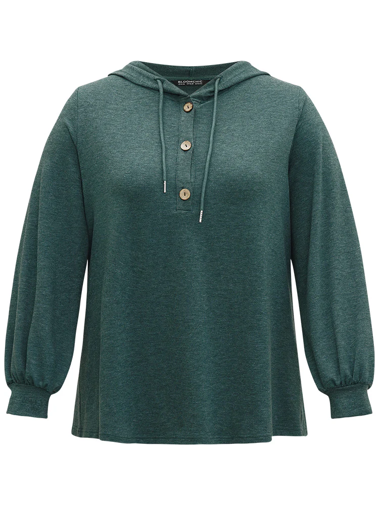 Plain Drawstring Button Up Hooded Elastic Cuffs Sweatshirt - Image 12