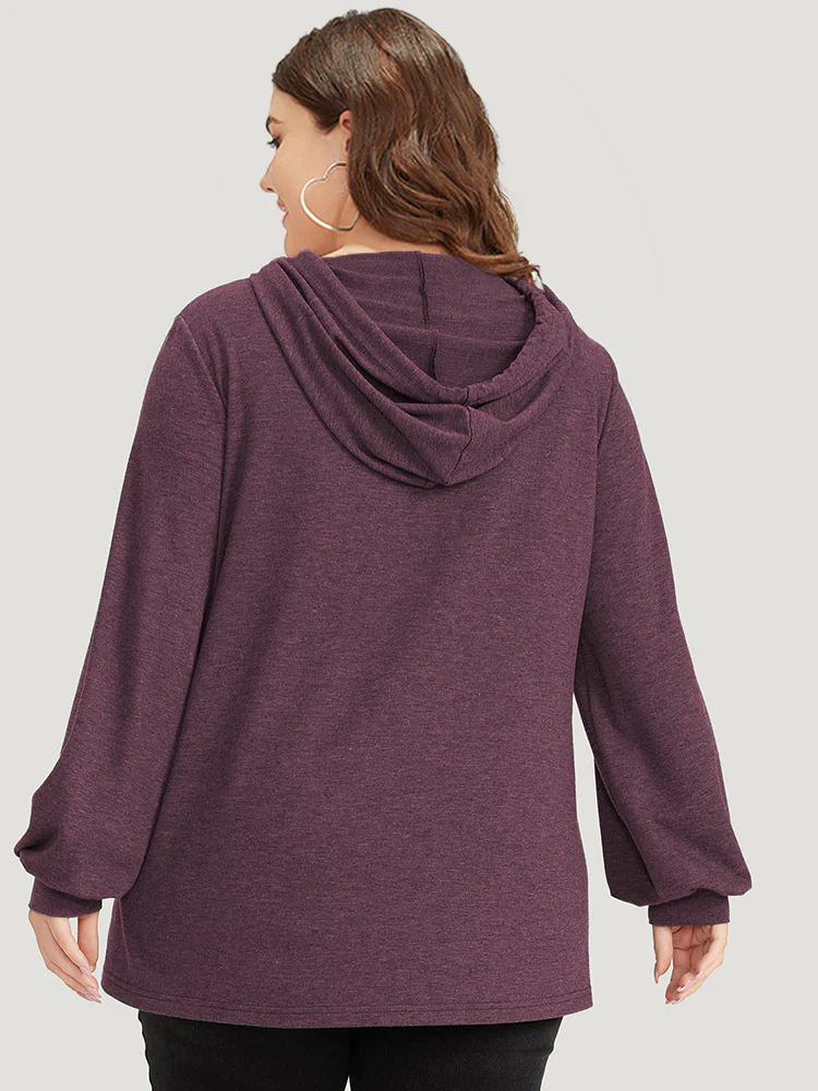 Plain Drawstring Button Up Hooded Elastic Cuffs Sweatshirt - Image 2