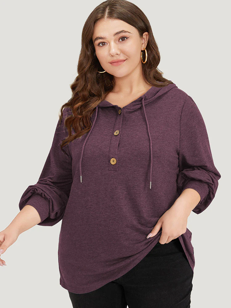 Plain Drawstring Button Up Hooded Elastic Cuffs Sweatshirt - Image 3