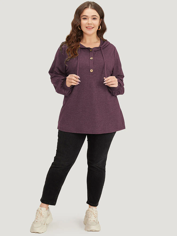 Plain Drawstring Button Up Hooded Elastic Cuffs Sweatshirt - Image 4