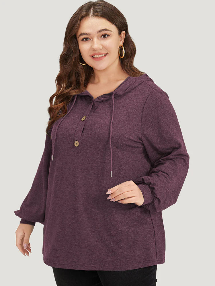 Plain Drawstring Button Up Hooded Elastic Cuffs Sweatshirt - Image 5