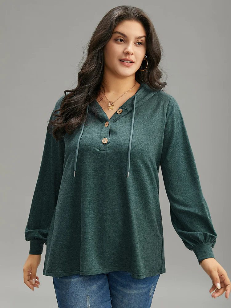 Plain Drawstring Button Up Hooded Elastic Cuffs Sweatshirt - Image 6
