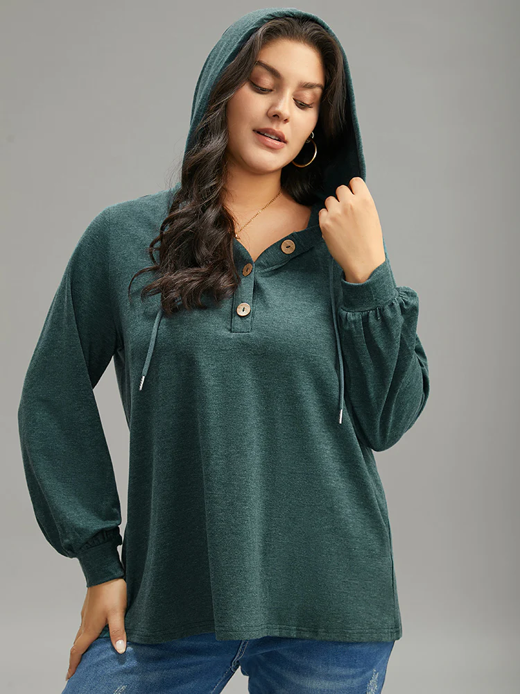 Plain Drawstring Button Up Hooded Elastic Cuffs Sweatshirt - Image 8