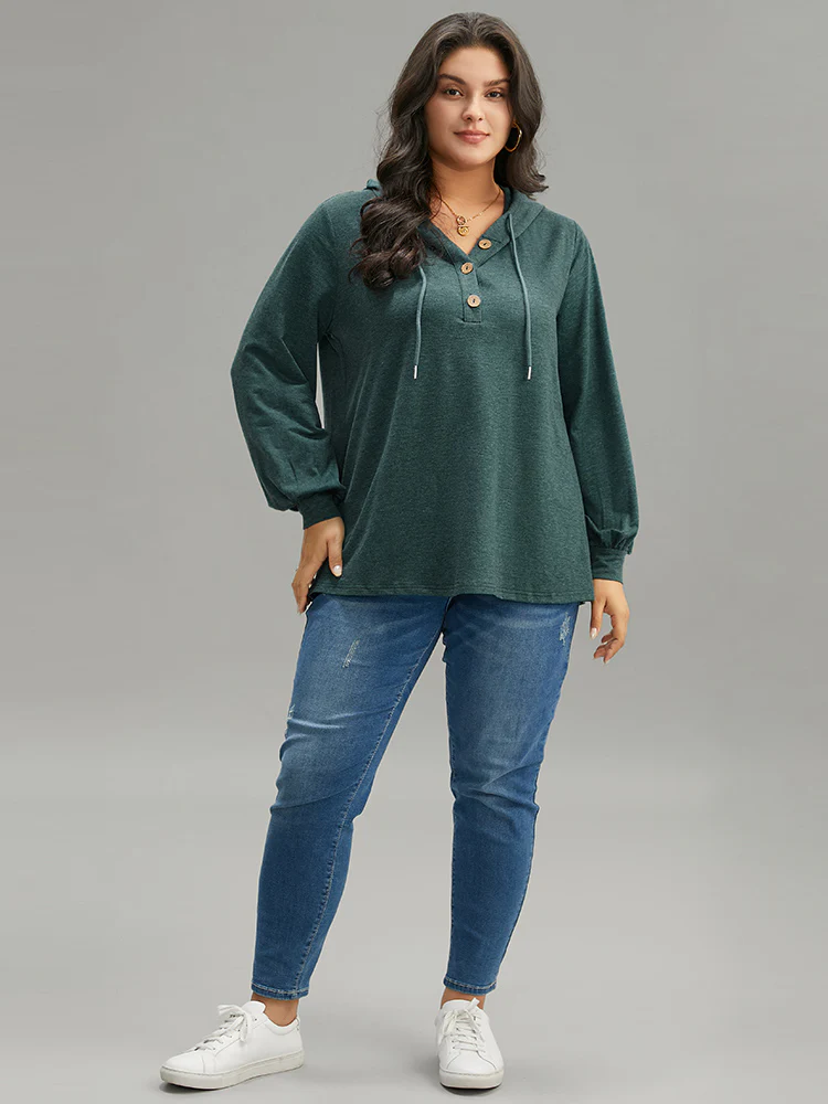 Plain Drawstring Button Up Hooded Elastic Cuffs Sweatshirt - Image 9