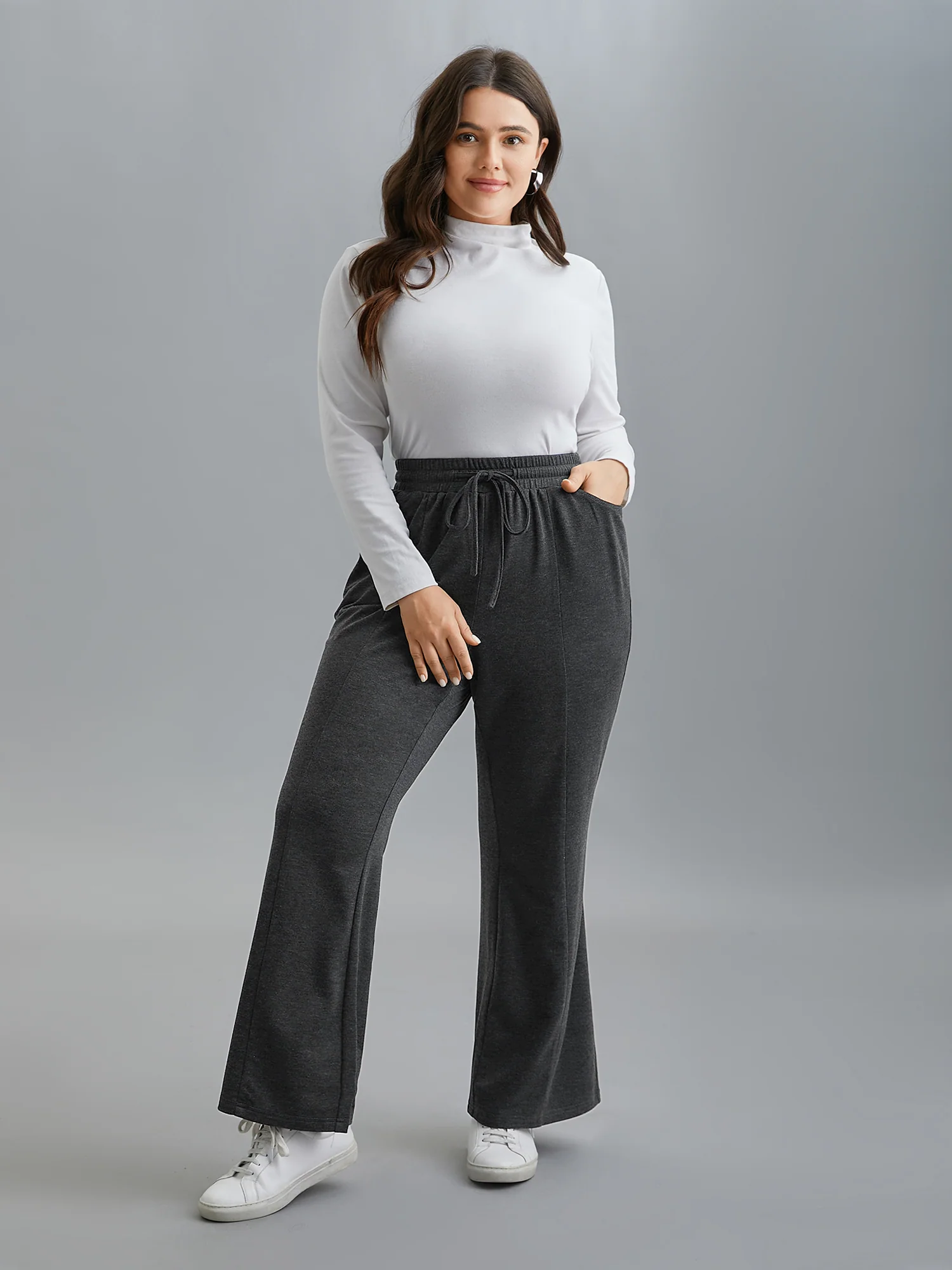 Plain Drawstring Elastic Waist Bootcut Pants - Image 2