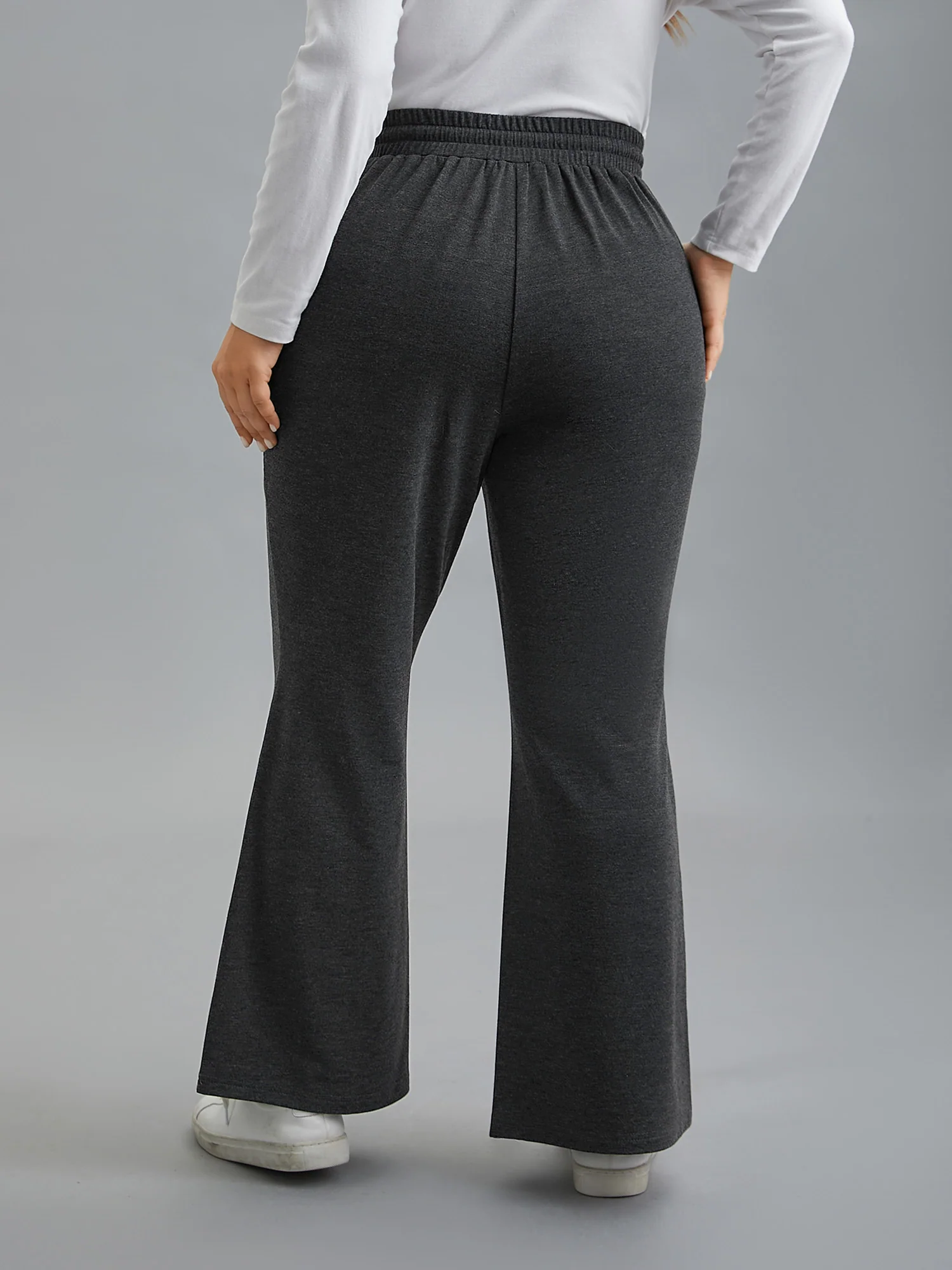 Plain Drawstring Elastic Waist Bootcut Pants - Image 3