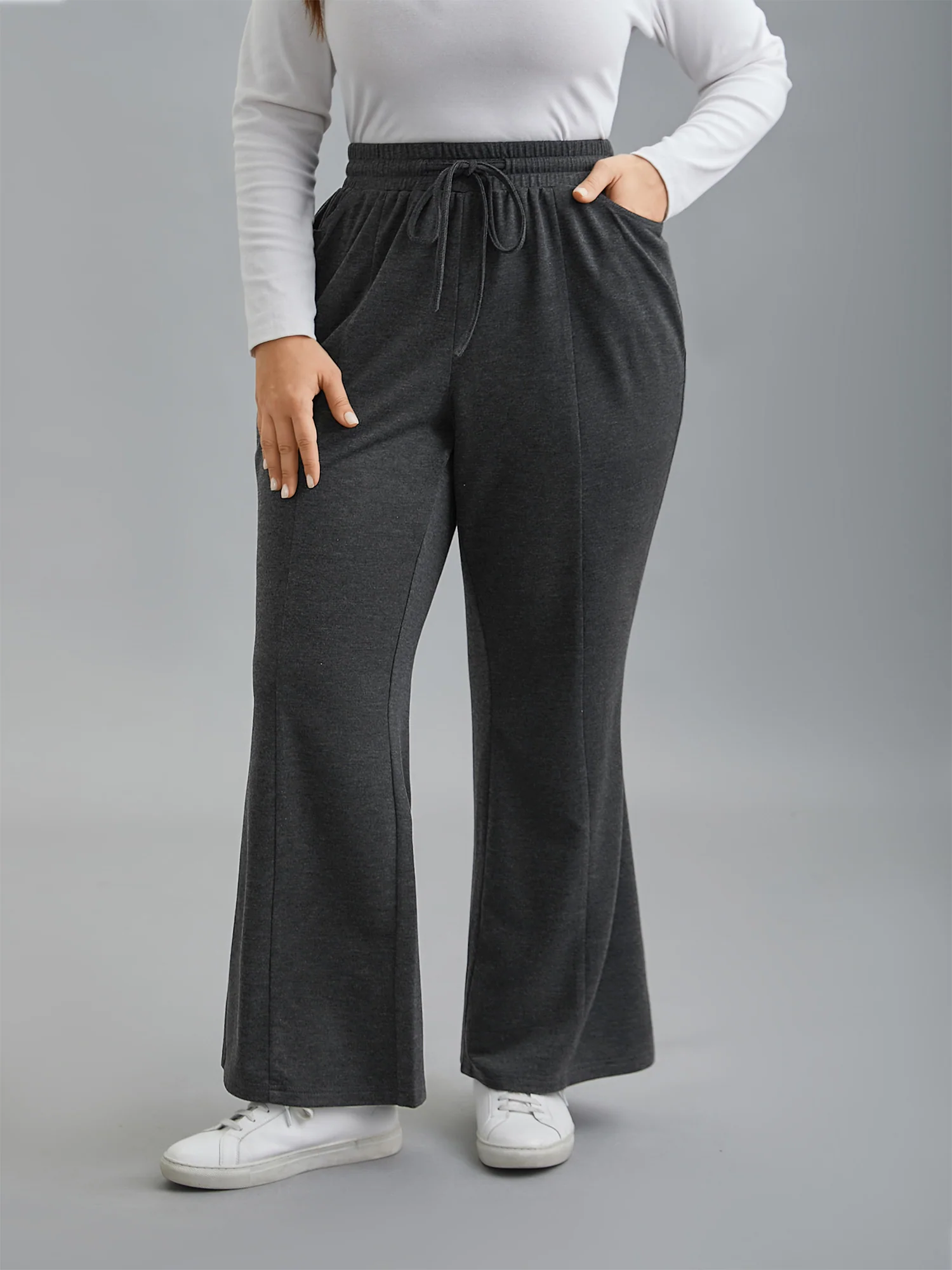 Plain Drawstring Elastic Waist Bootcut Pants - Image 4
