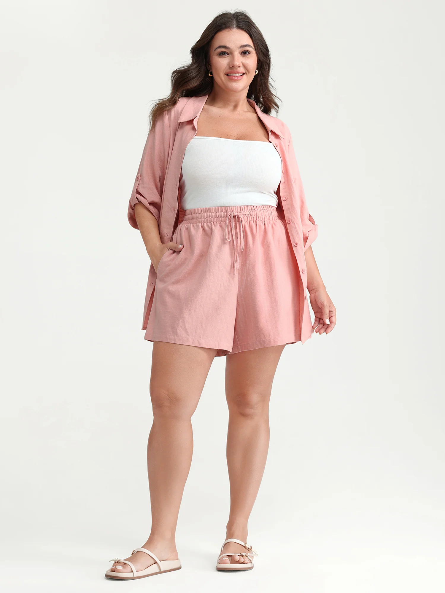 Cotton Drawstring Elastic Waist Pockets Shorts