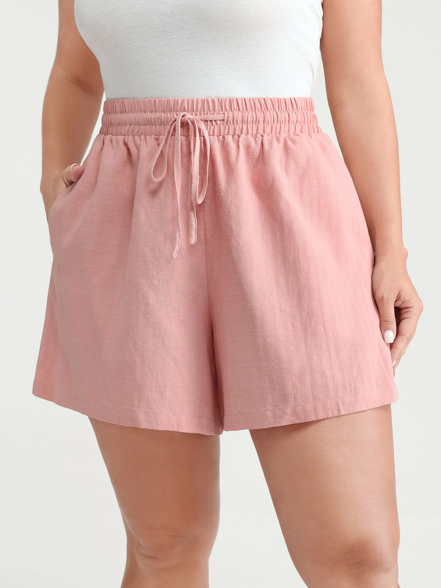 Cotton Drawstring Elastic Waist Pockets Shorts - Image 2