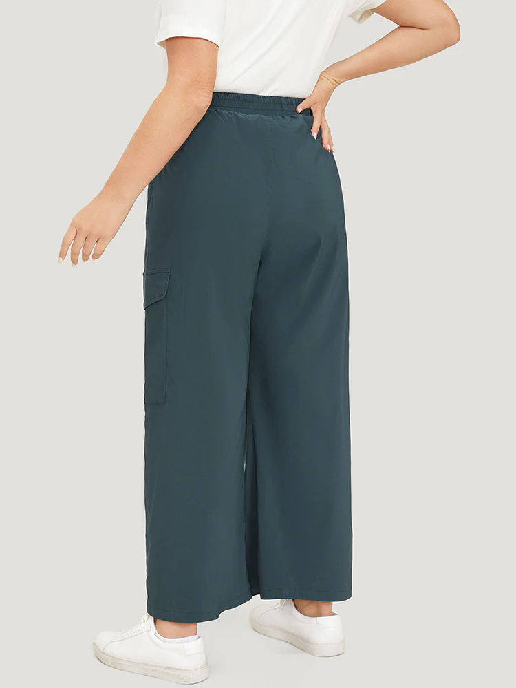 Plain Drawstring Patched Pocket High Rise Pants - Image 2