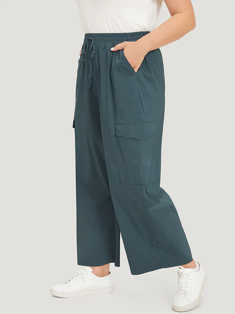Plain Drawstring Patched Pocket High Rise Pants - Image 3