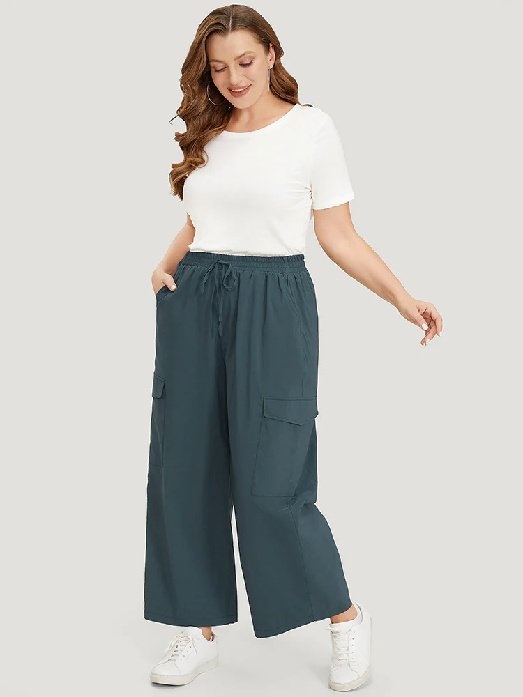 Plain Drawstring Patched Pocket High Rise Pants - Image 4