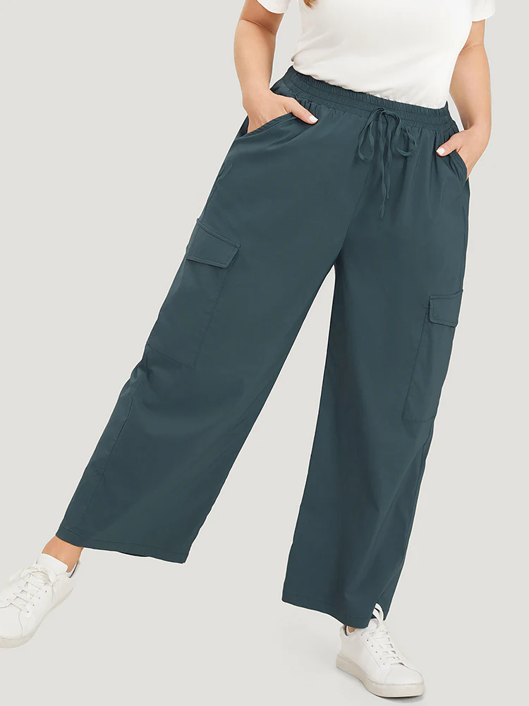 Plain Drawstring Patched Pocket High Rise Pants - Image 5