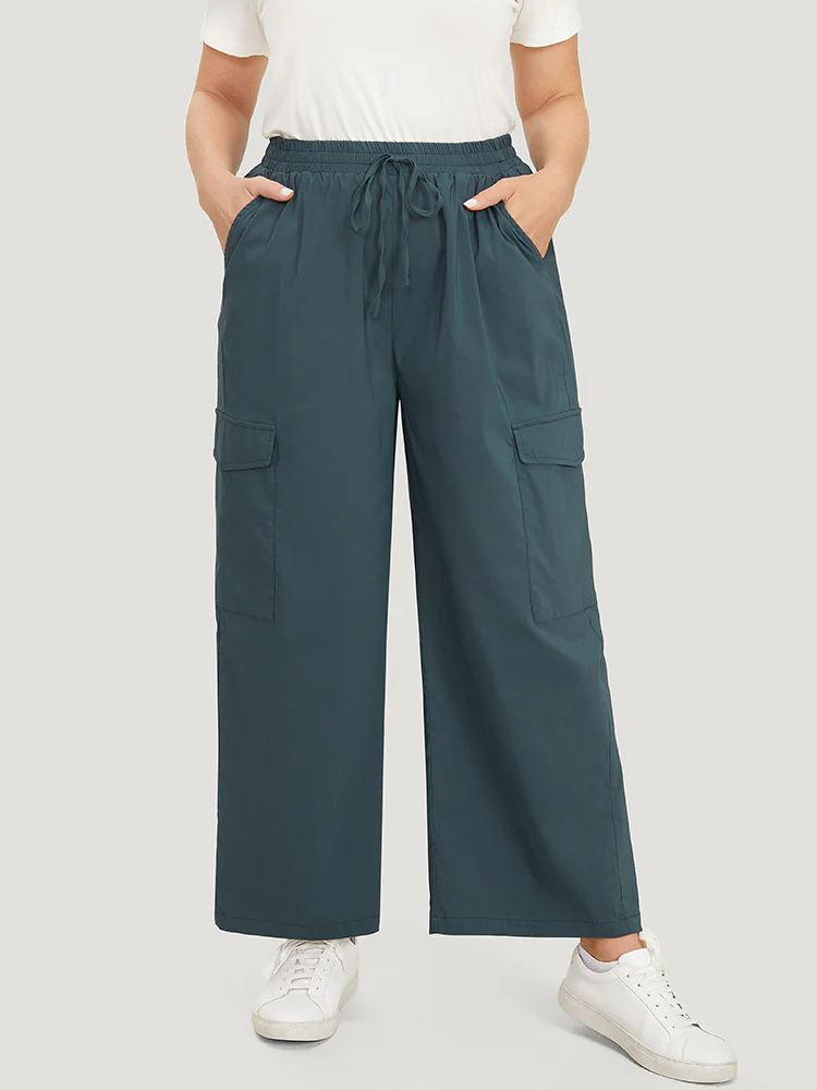 Plain Drawstring Patched Pocket High Rise Pants - Image 6