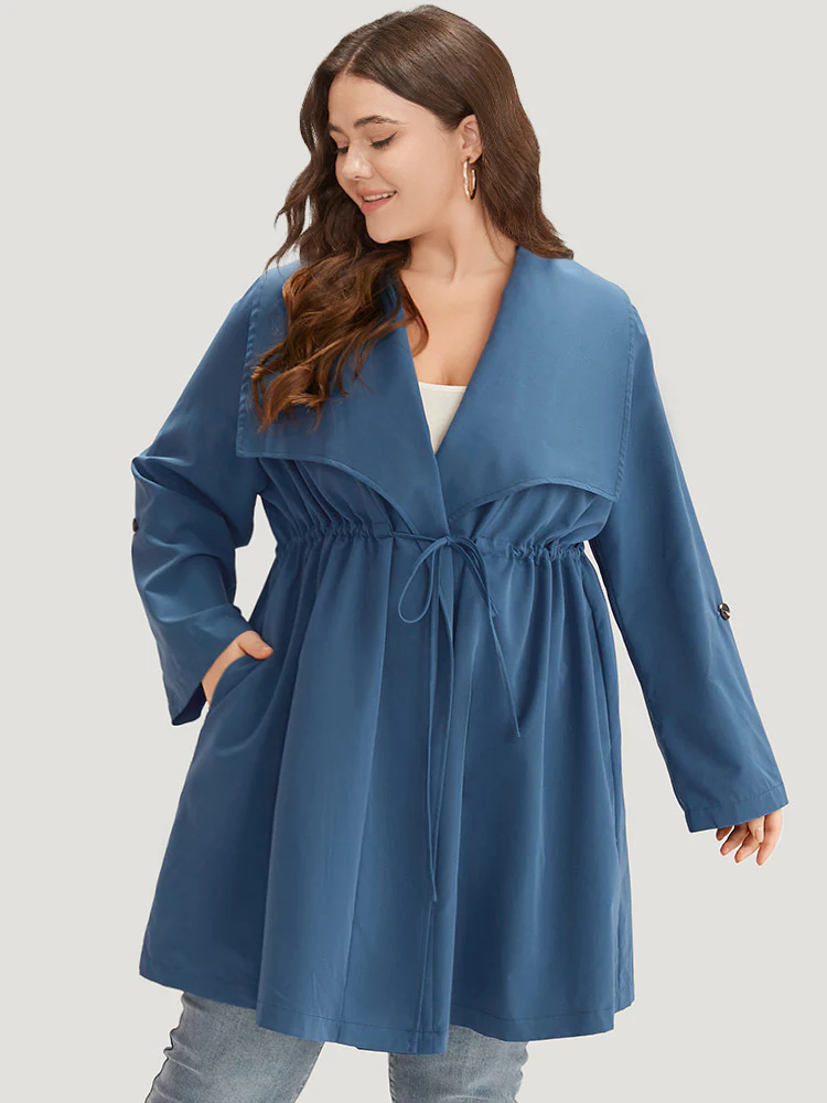 Plain Drawstring Pocket Lapel Collar Tab Sleeve Coat - Image 2