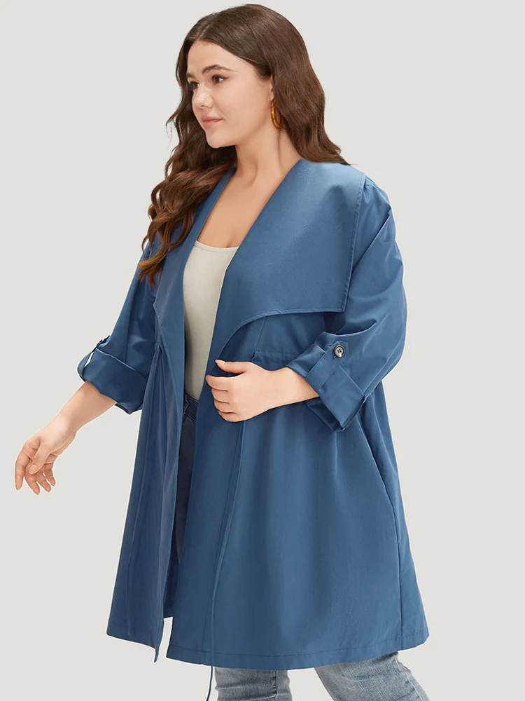 Plain Drawstring Pocket Lapel Collar Tab Sleeve Coat - Image 3