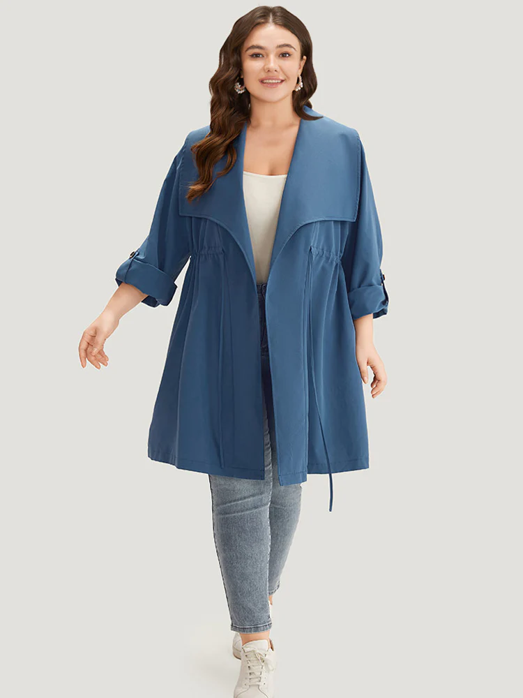 Plain Drawstring Pocket Lapel Collar Tab Sleeve Coat - Image 4