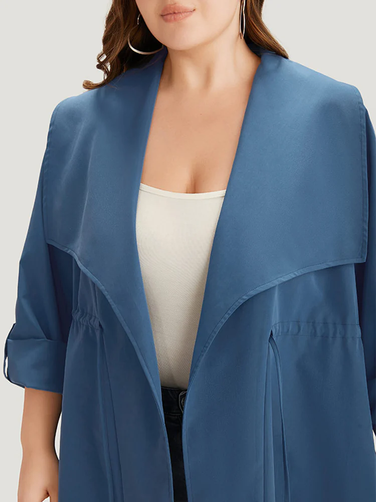 Plain Drawstring Pocket Lapel Collar Tab Sleeve Coat - Image 6