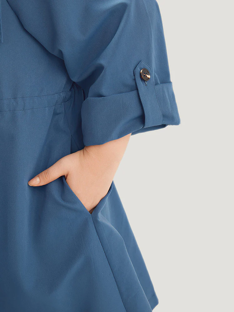 Plain Drawstring Pocket Lapel Collar Tab Sleeve Coat - Image 7