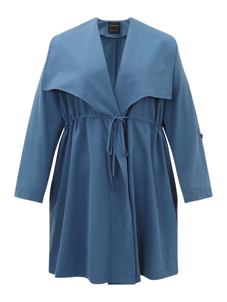 Plain Drawstring Pocket Lapel Collar Tab Sleeve Coat - Image 8