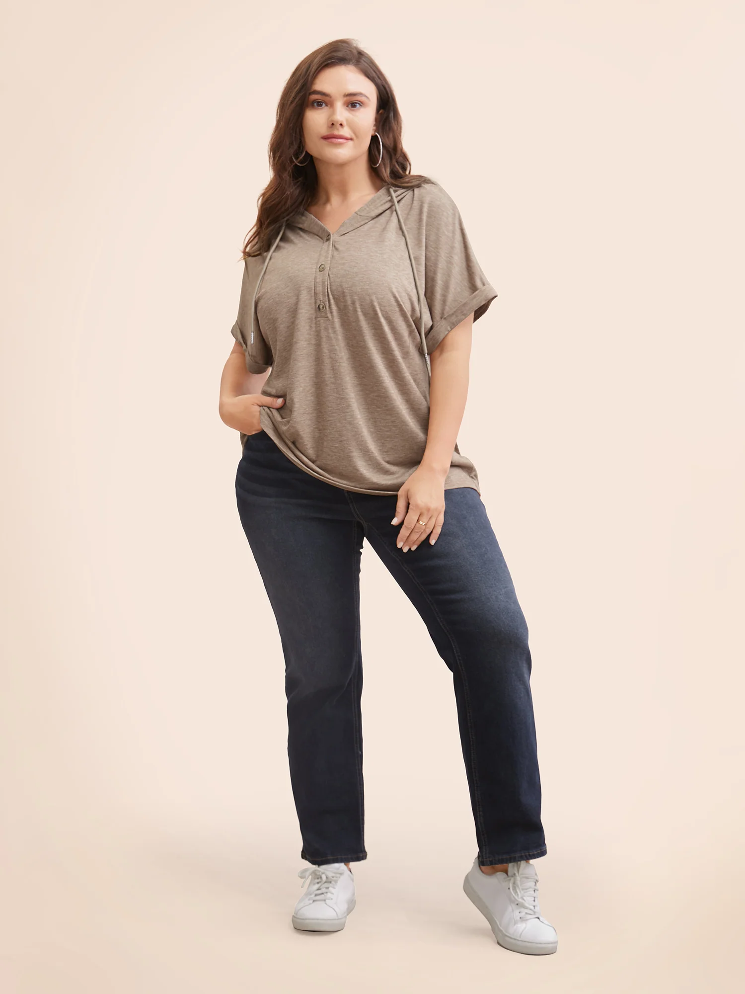 Plain Drawstring Roll Sleeve Button Up Hooded T-shirt - Image 2