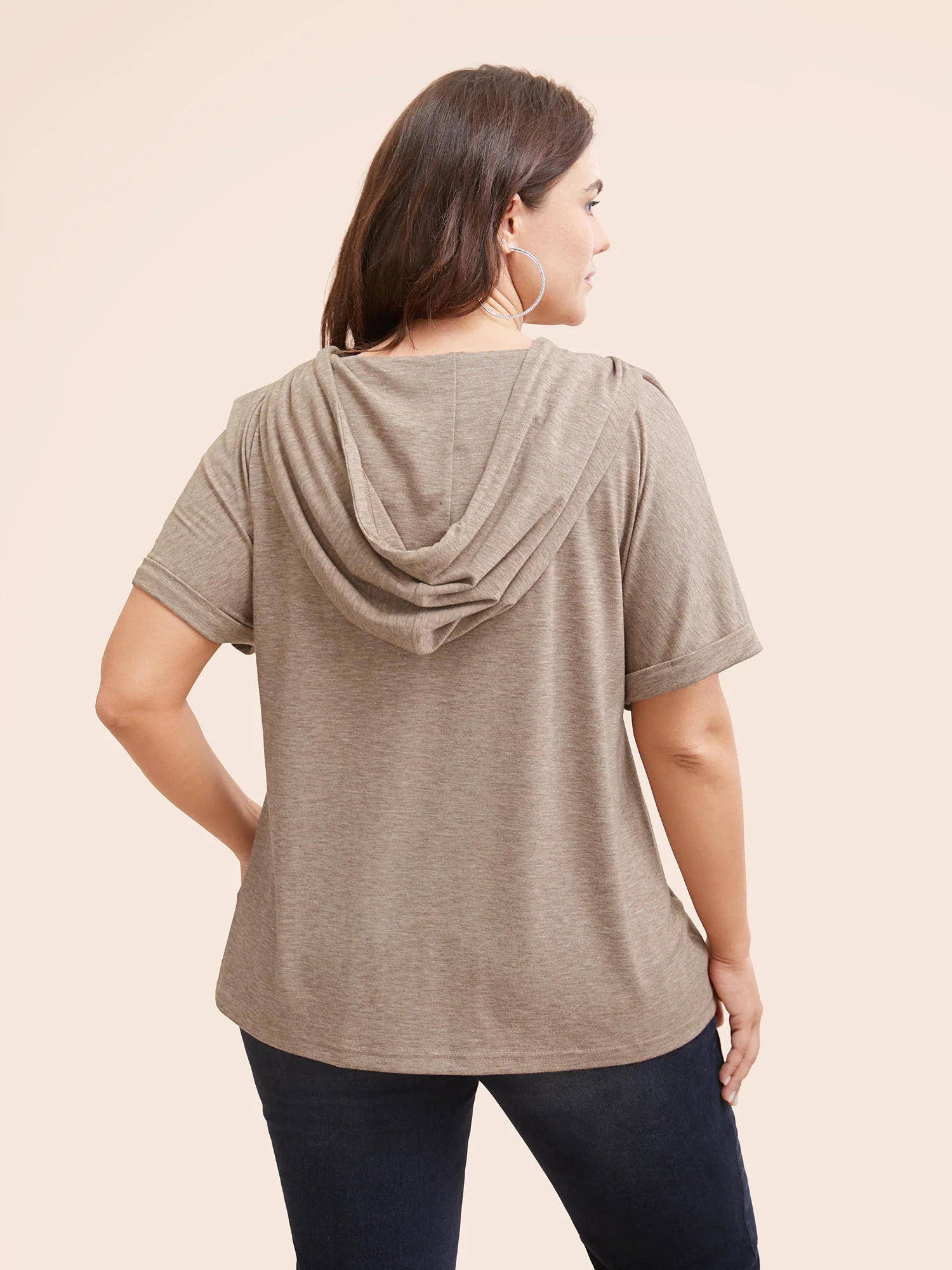 Plain Drawstring Roll Sleeve Button Up Hooded T-shirt - Image 4