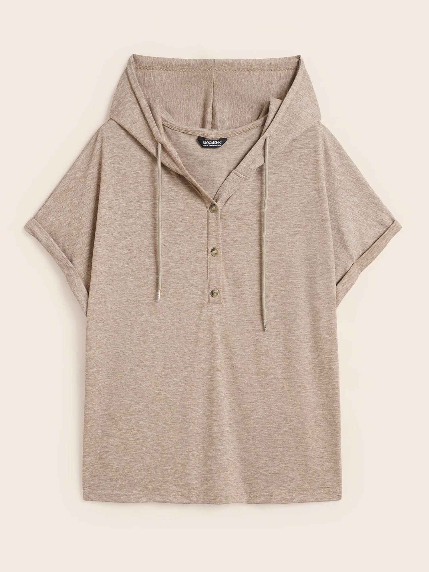 Plain Drawstring Roll Sleeve Button Up Hooded T-shirt - Image 7