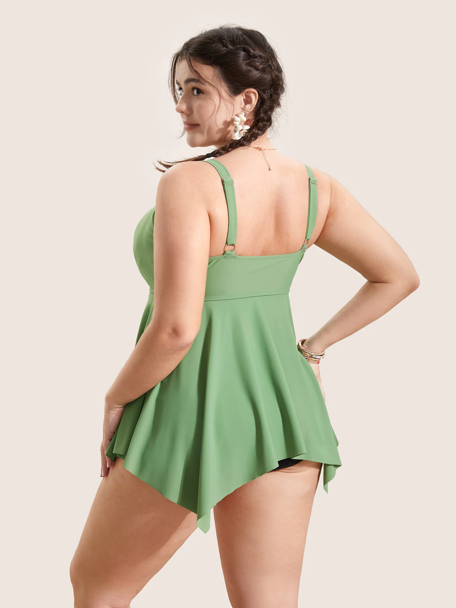 Plain Drawstring Ruched Adjustable Straps Swim Top - Image 2