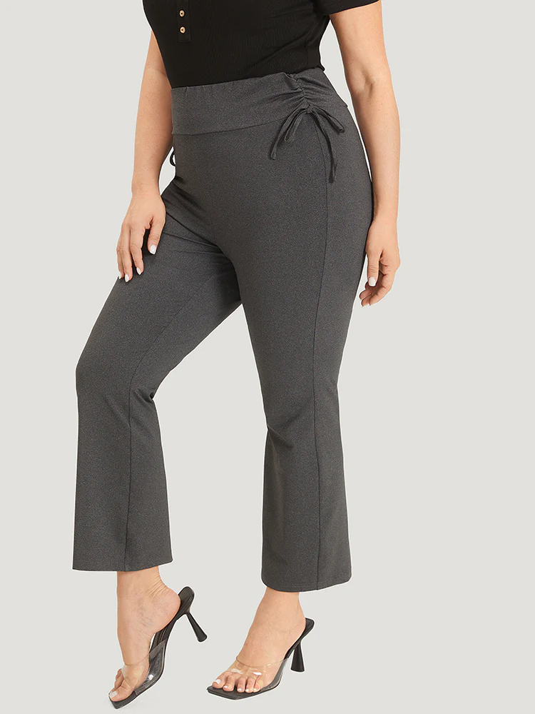 Plain Drawstring Side Ruched Bootcut Wideband Waist Leggings - Image 2