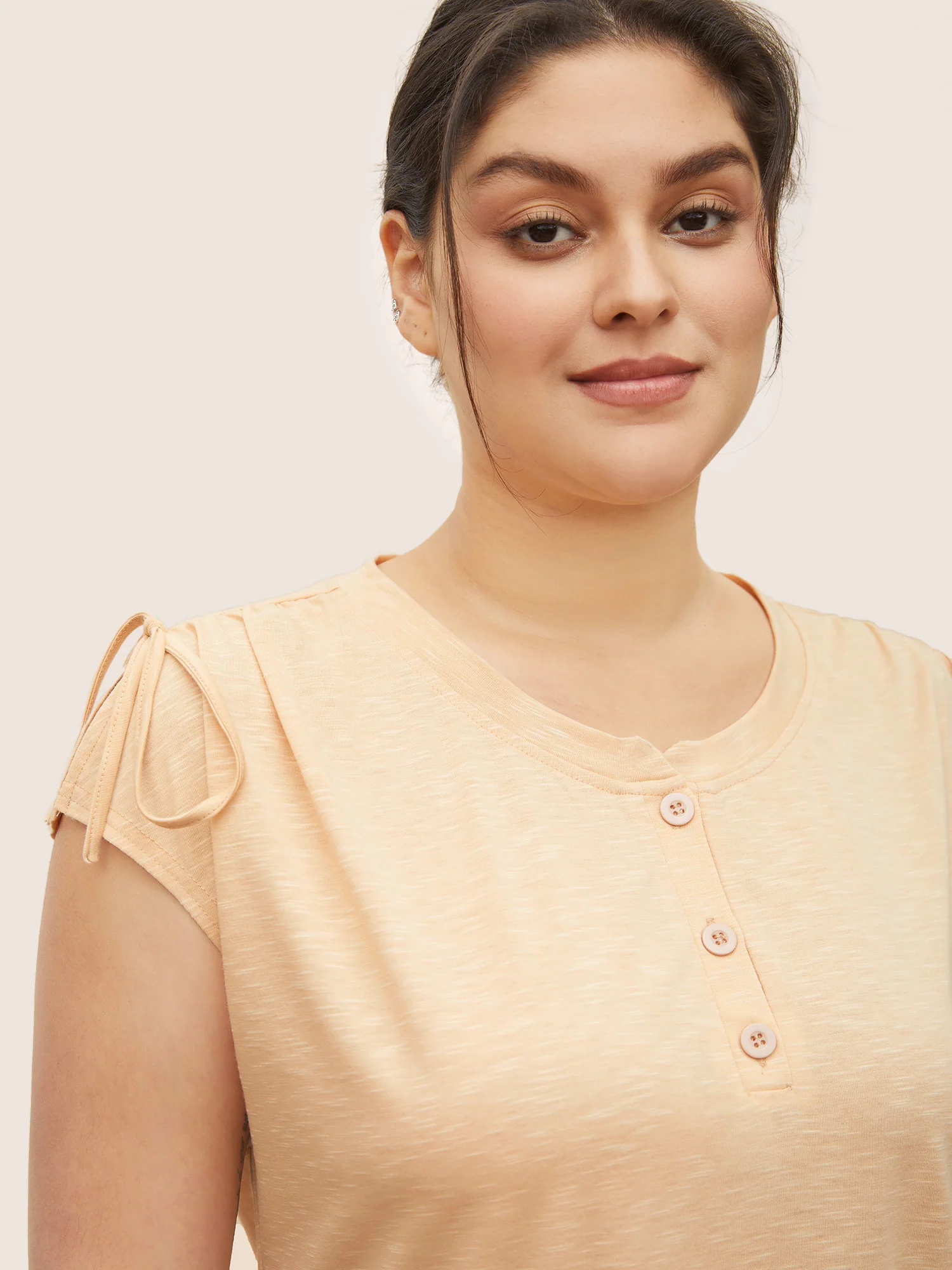 Plain Shoulder-Tie Button Placket Pajama Top - Image 2