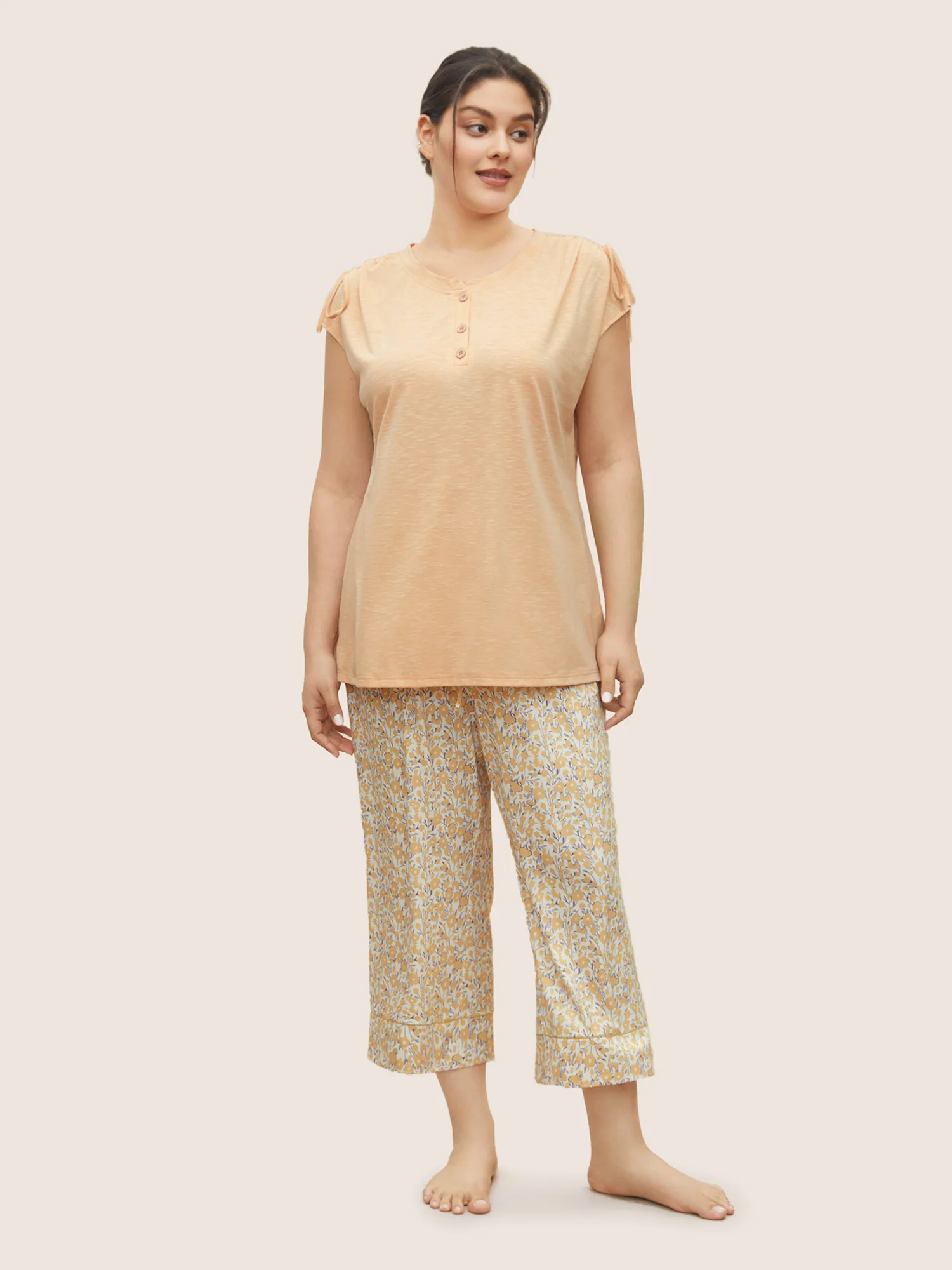 Plain Shoulder-Tie Button Placket Pajama Top - Image 3
