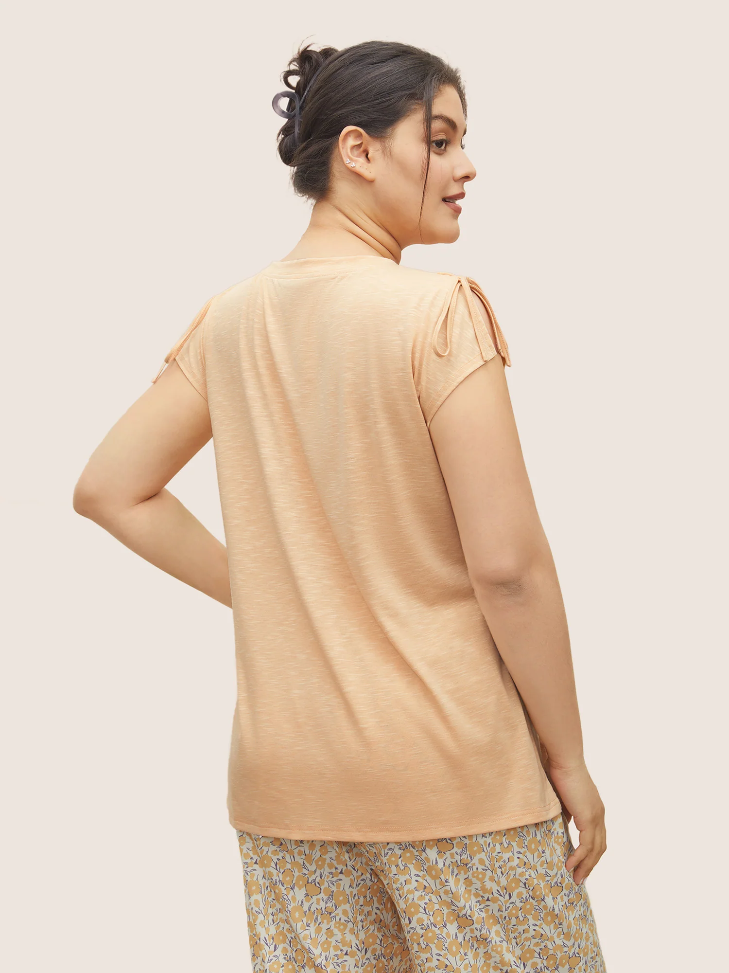 Plain Shoulder-Tie Button Placket Pajama Top - Image 4