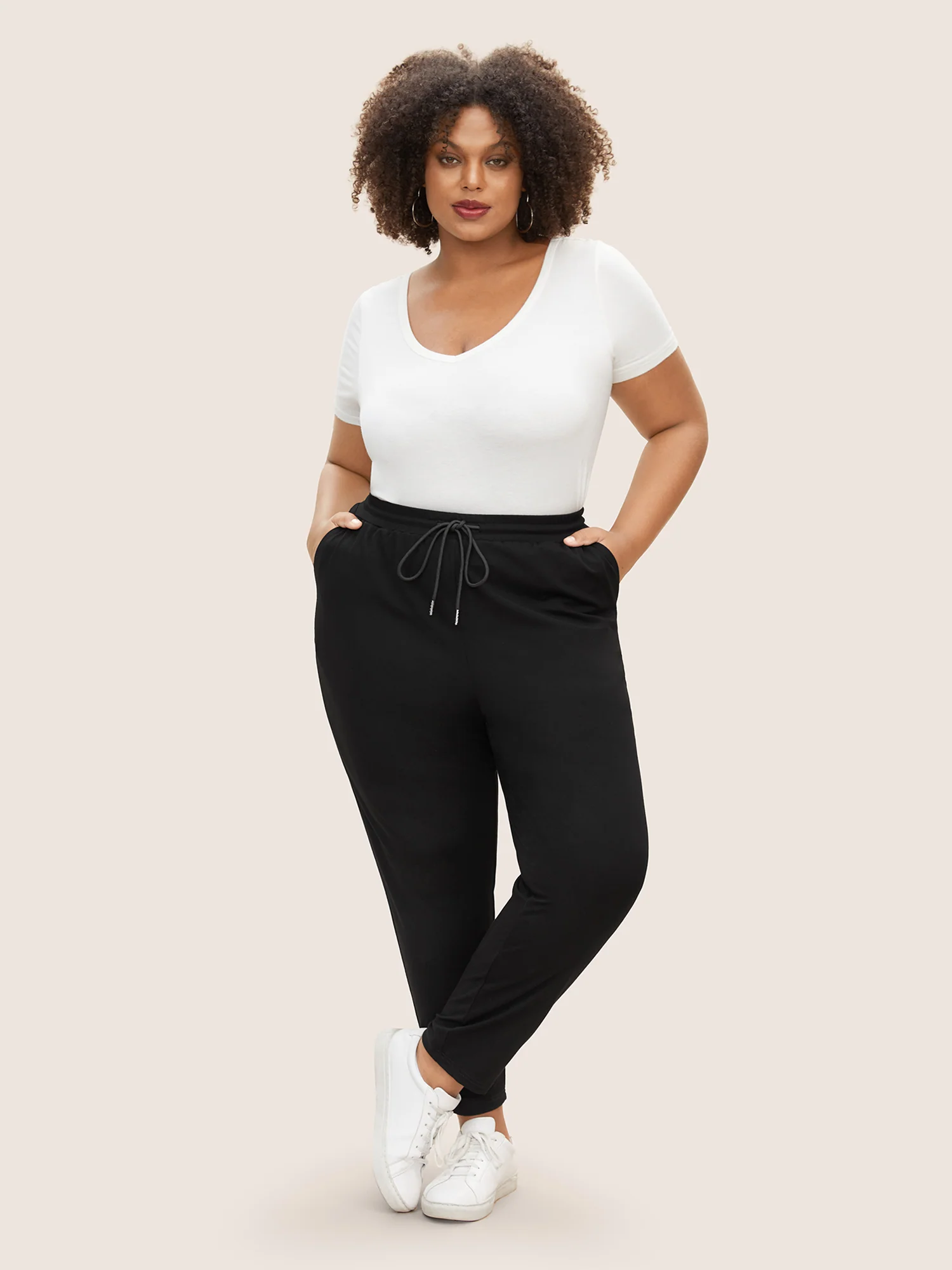 Plain Drawstring Waist Tapered Pants - Image 3