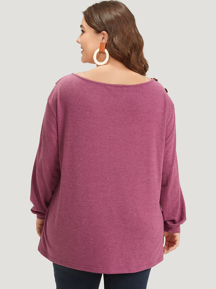 Plain Elastic Cuffs Button Detail Asymmetrical Neck Sweatshirt - Image 2