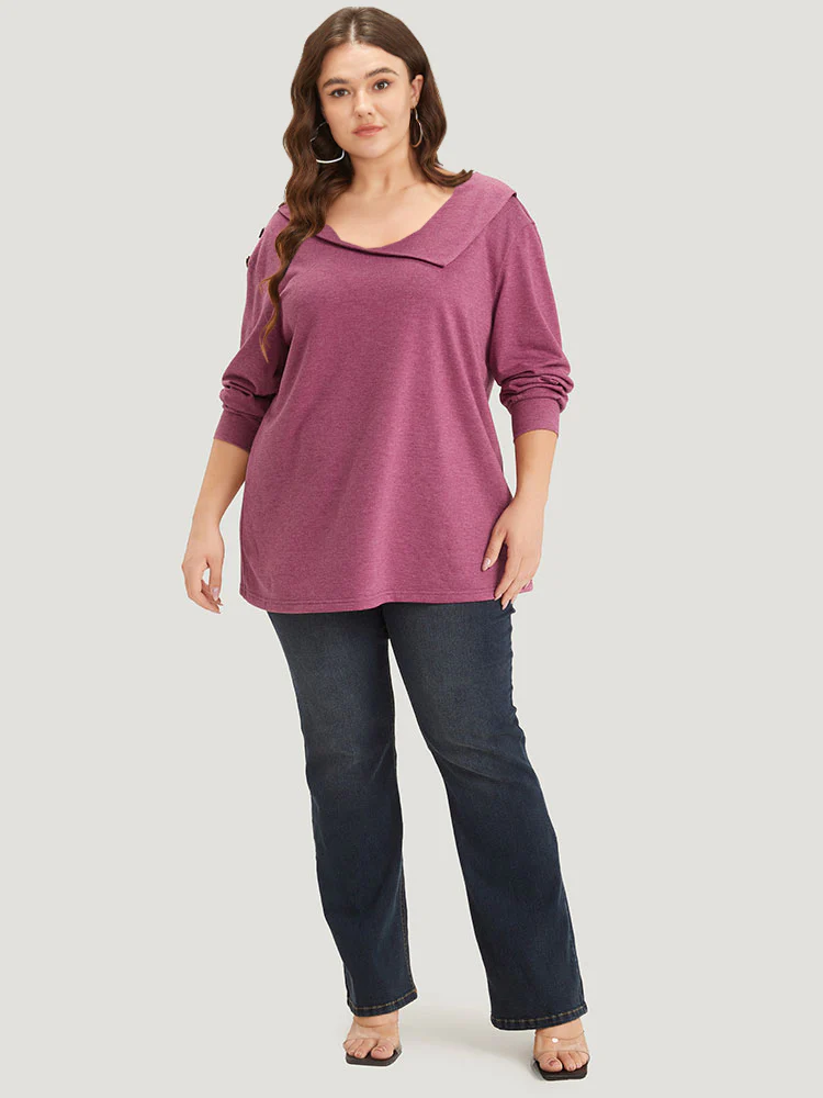 Plain Elastic Cuffs Button Detail Asymmetrical Neck Sweatshirt - Image 4
