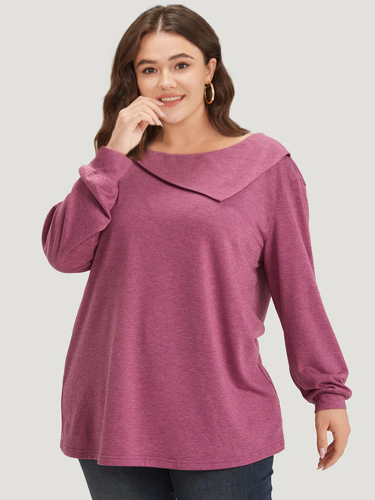 Plain Elastic Cuffs Button Detail Asymmetrical Neck Sweatshirt - Image 5