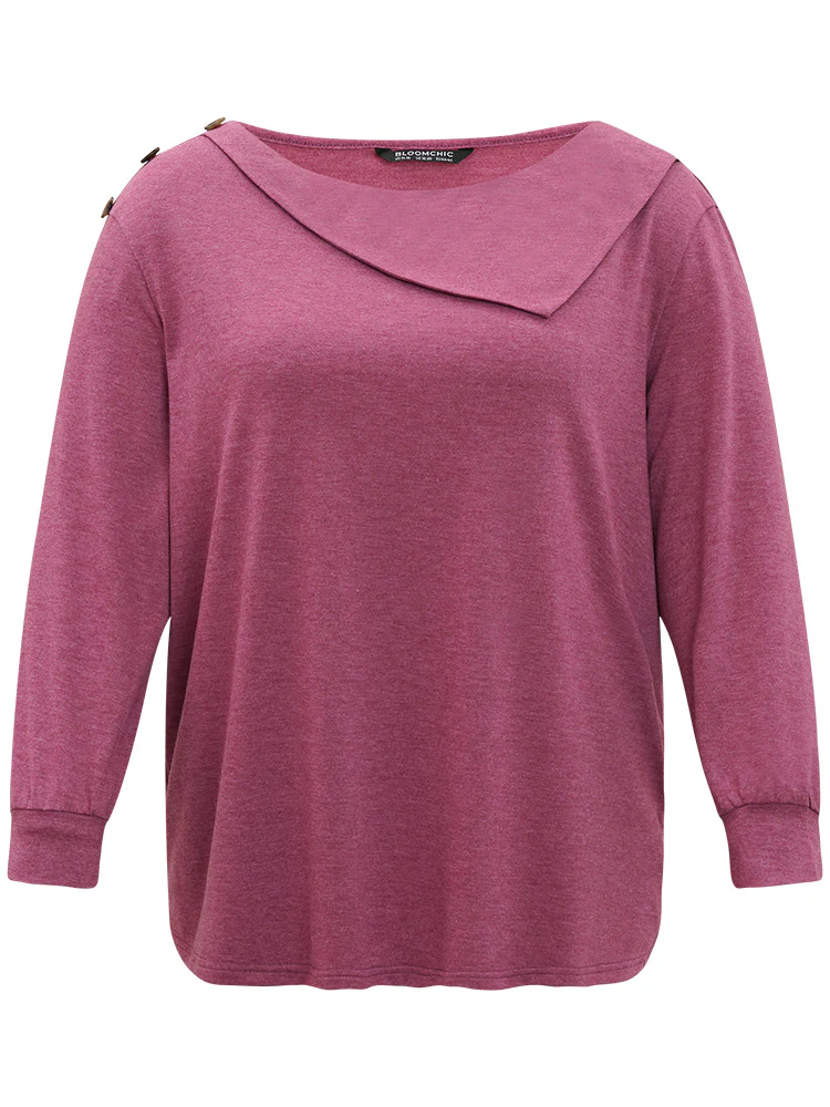 Plain Elastic Cuffs Button Detail Asymmetrical Neck Sweatshirt - Image 8