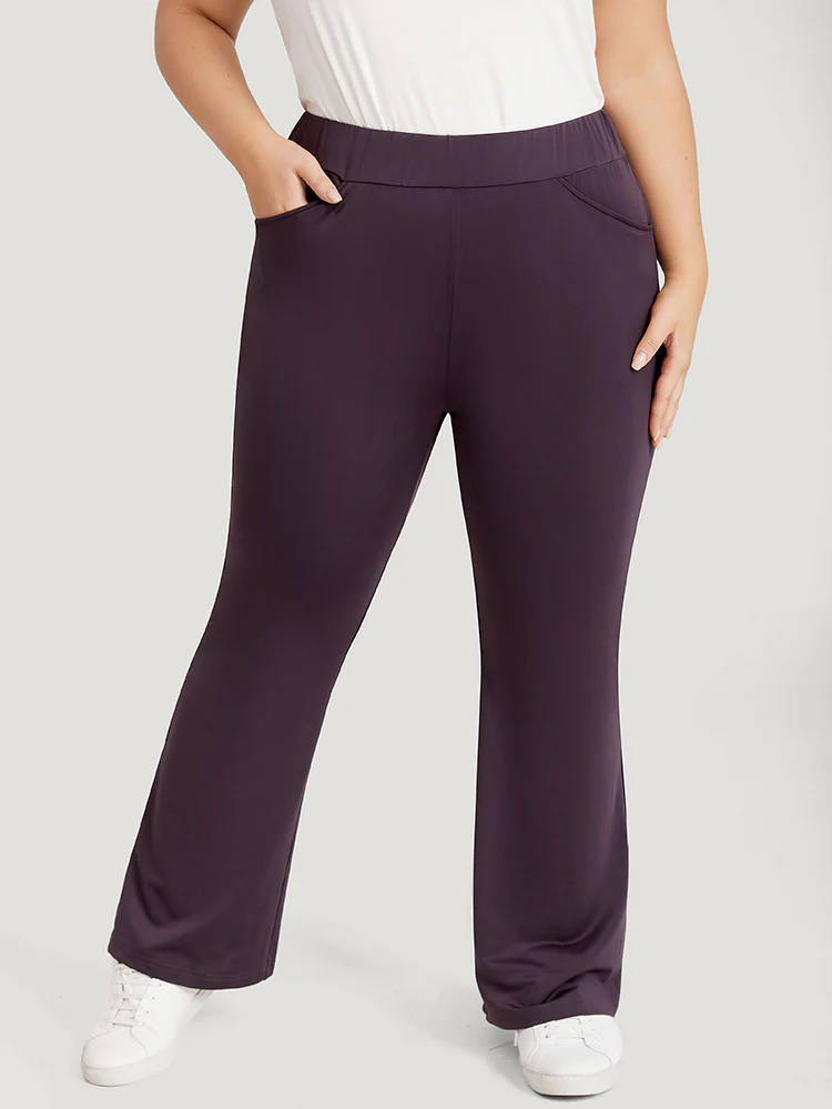 Plain Elastic Waist Bootcut Slant Pocket Leggings - Image 2