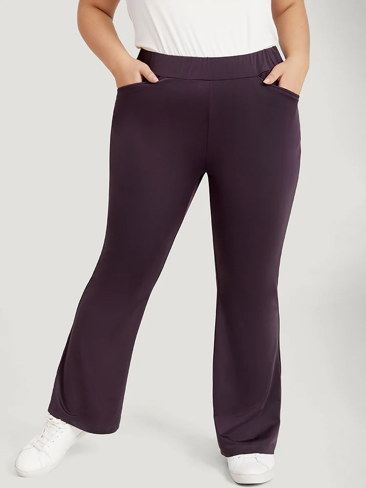 Plain Elastic Waist Bootcut Slant Pocket Leggings - Image 3