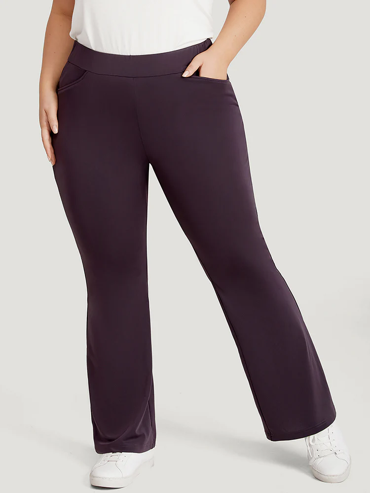 Plain Elastic Waist Bootcut Slant Pocket Leggings - Image 4