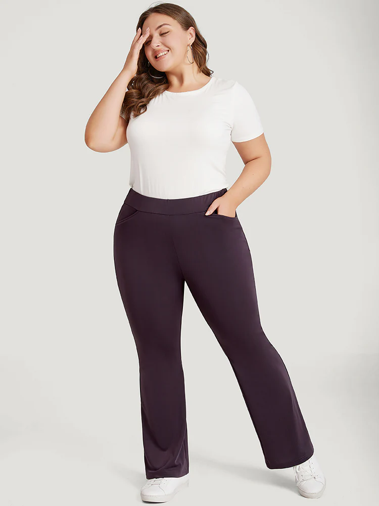 Plain Elastic Waist Bootcut Slant Pocket Leggings - Image 7