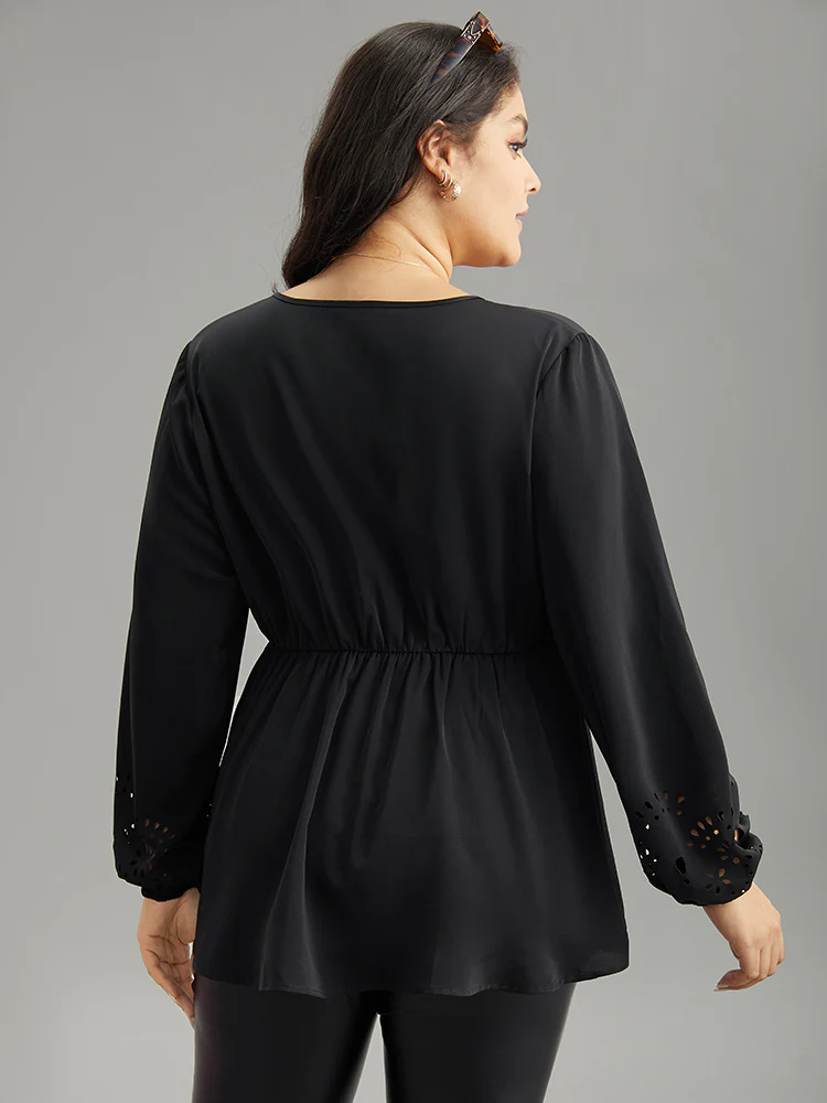 Plain Elastic Waist Buckle Detail Wrap Blouse - Image 2