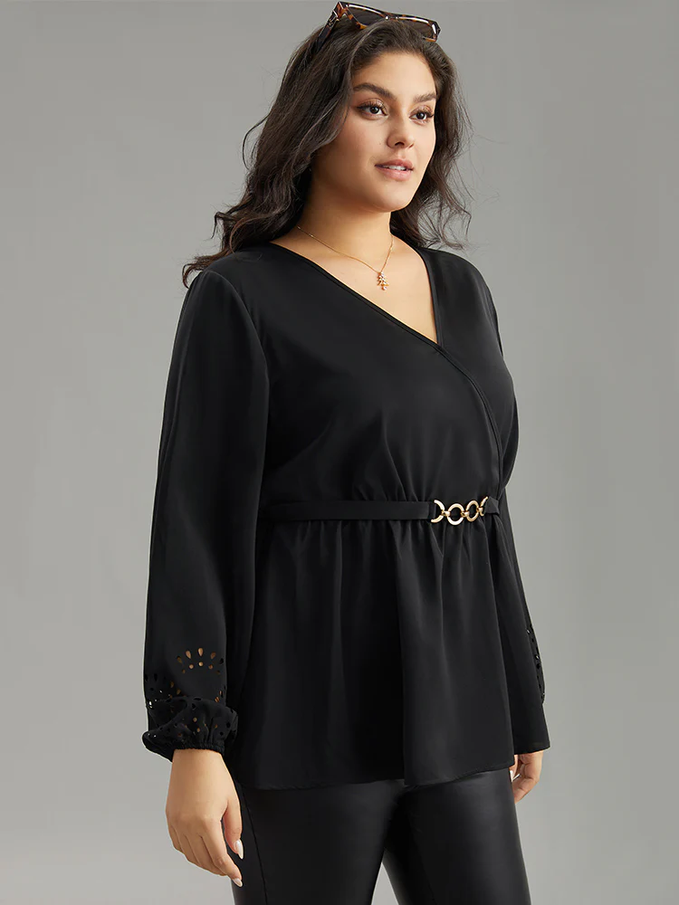 Plain Elastic Waist Buckle Detail Wrap Blouse - Image 3