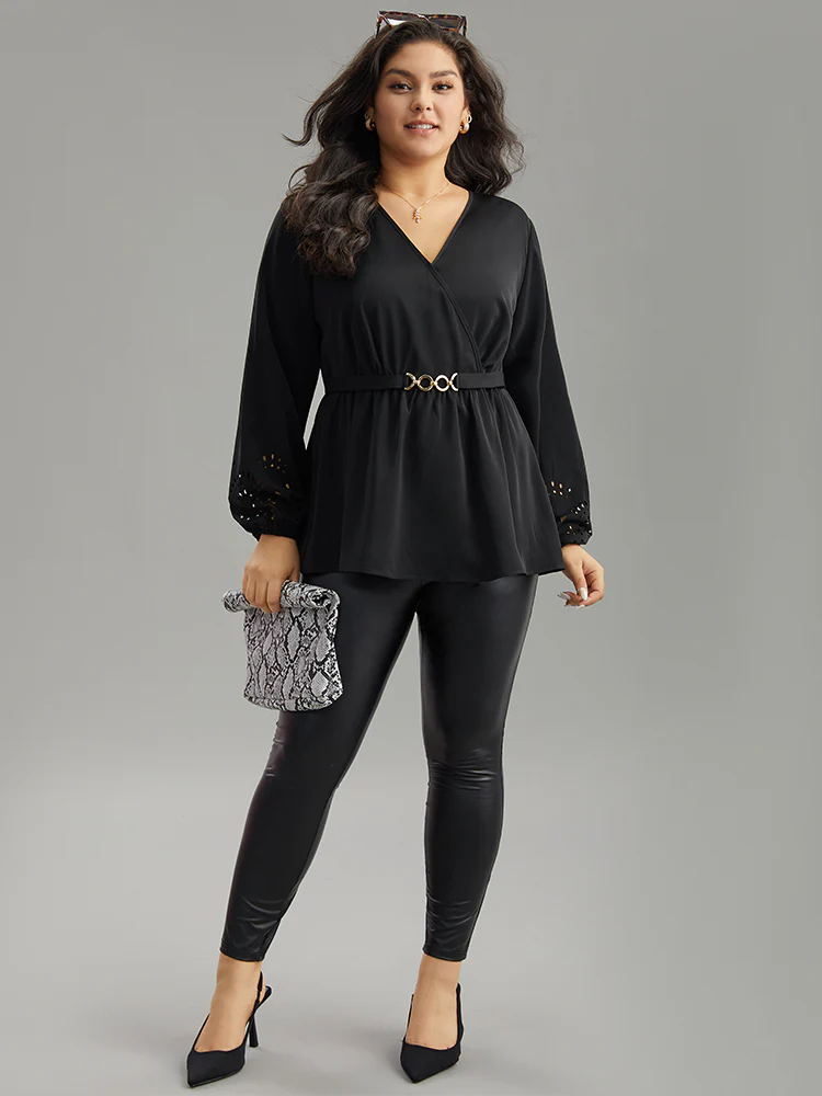 Plain Elastic Waist Buckle Detail Wrap Blouse - Image 4