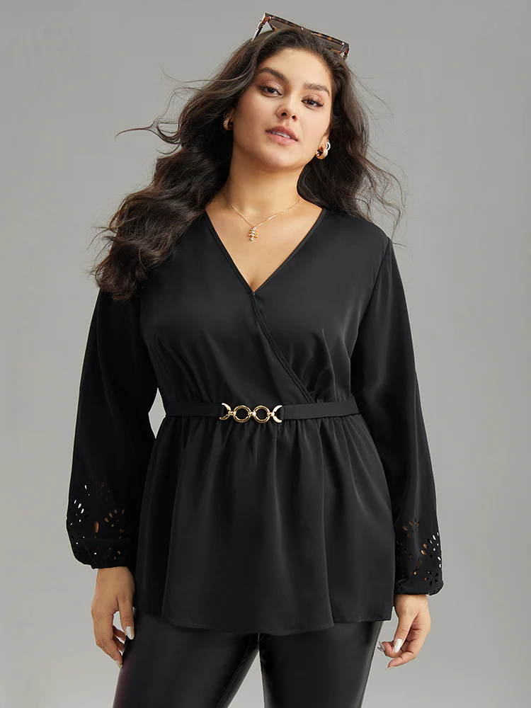 Plain Elastic Waist Buckle Detail Wrap Blouse - Image 5