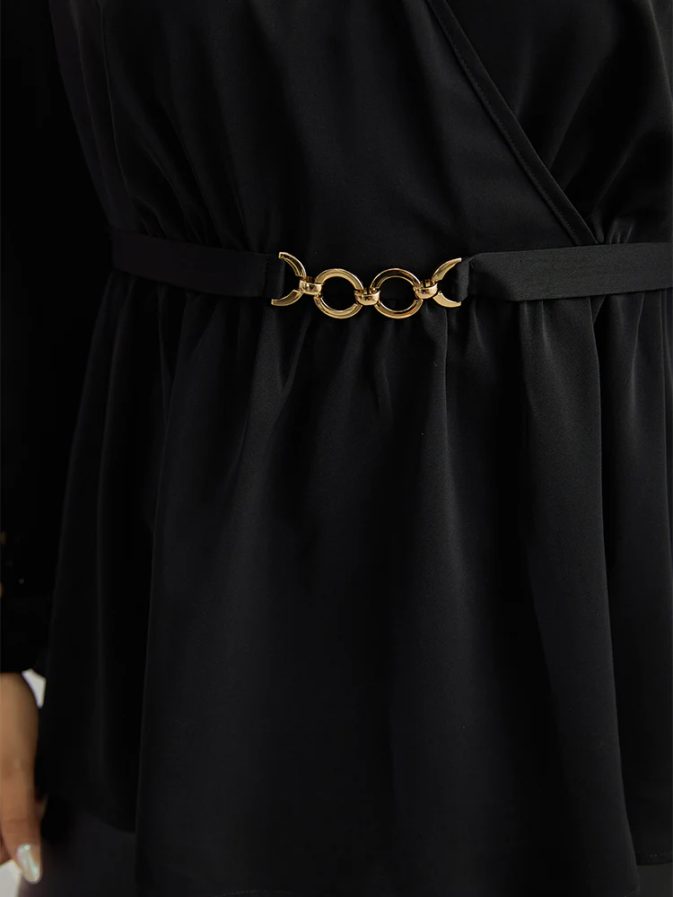 Plain Elastic Waist Buckle Detail Wrap Blouse - Image 8