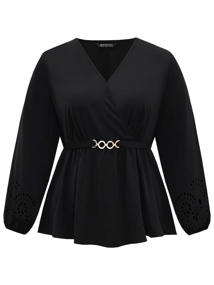 Plain Elastic Waist Buckle Detail Wrap Blouse - Image 9