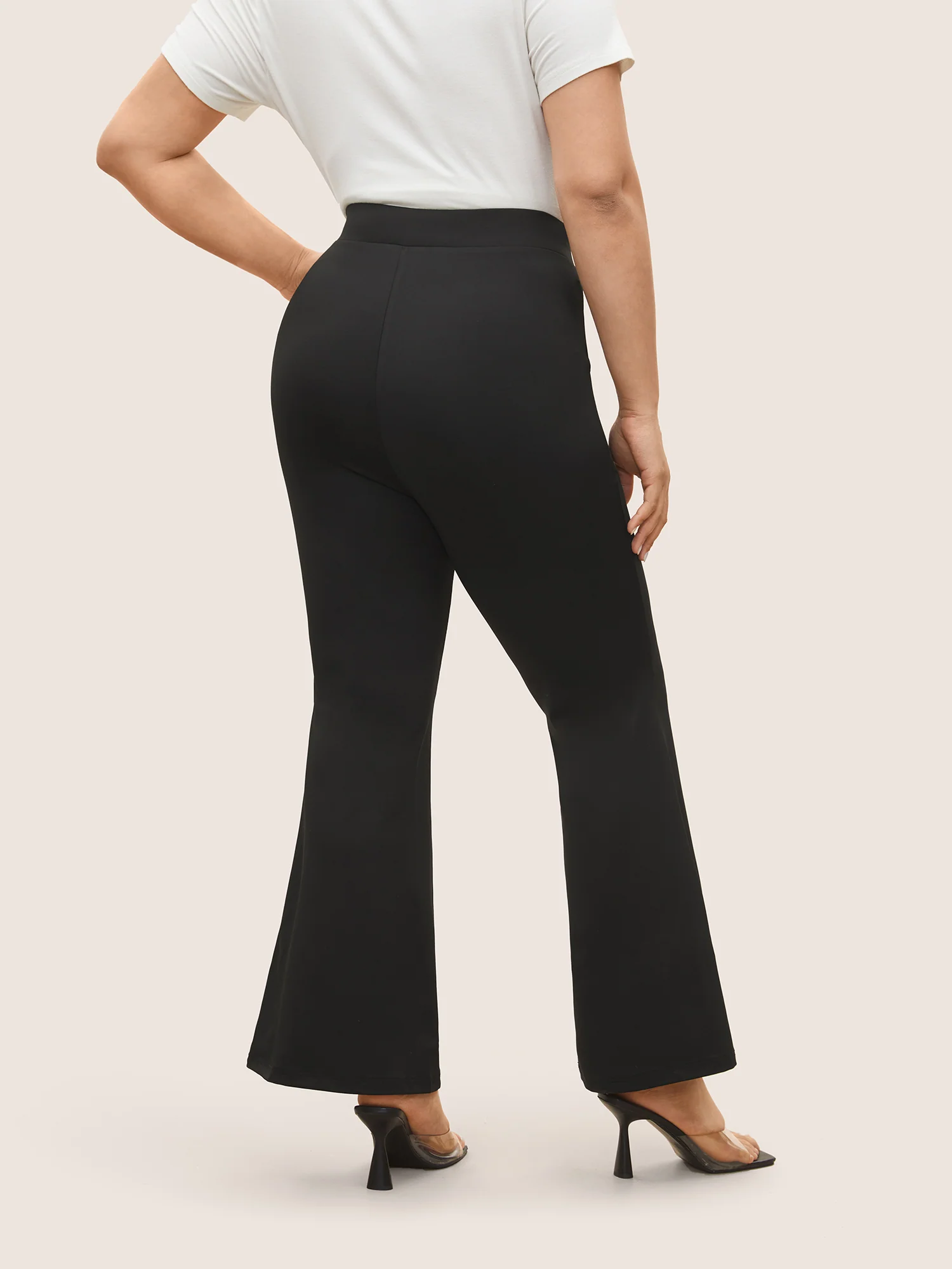 Plain Elastic Waist High Rise Flare Leg Pants - Image 2