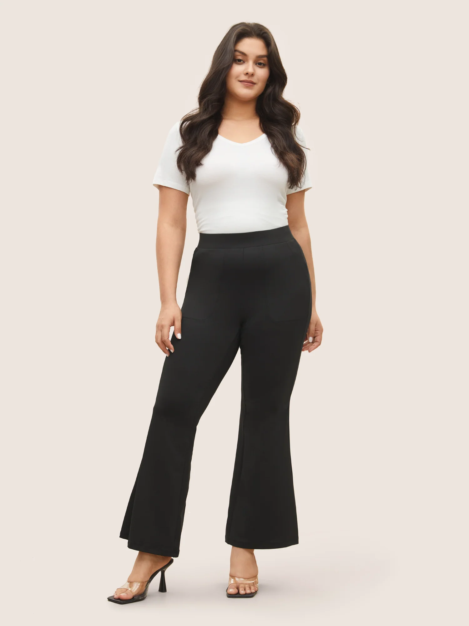 Plain Elastic Waist High Rise Flare Leg Pants - Image 3