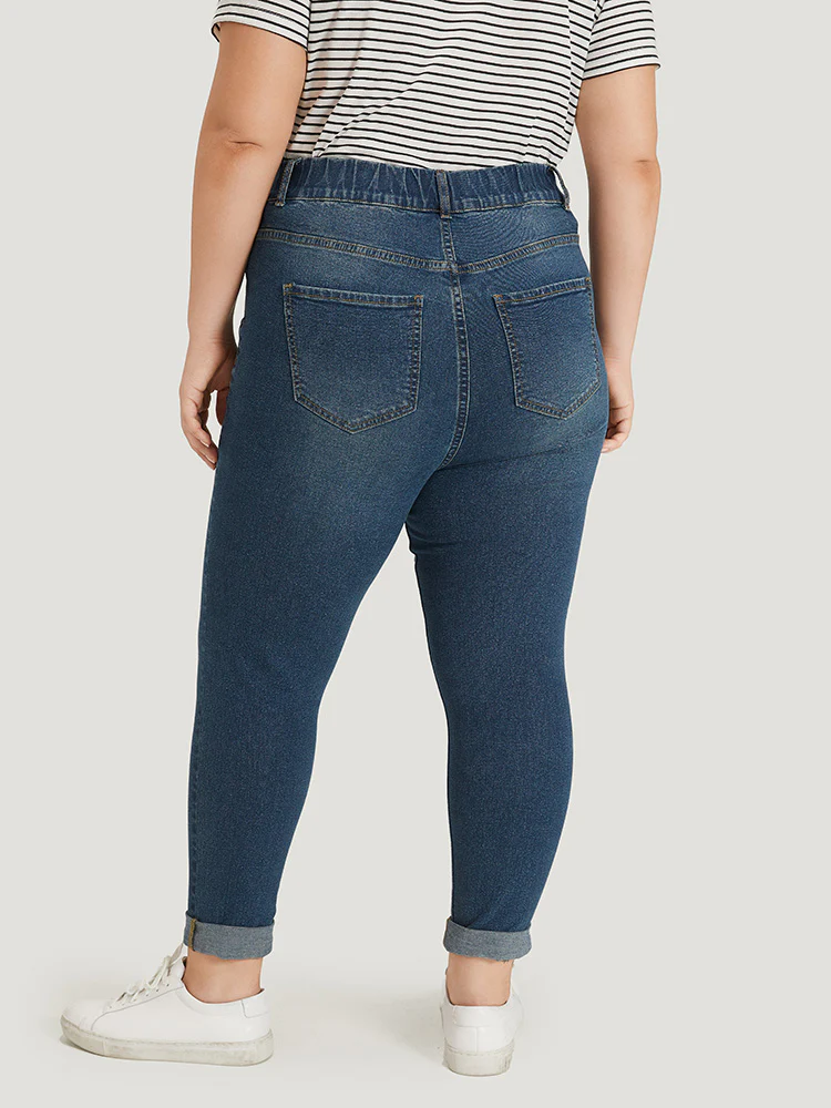 Plain Elastic Waist Medium Wash Roll Hem Jeans - Image 10